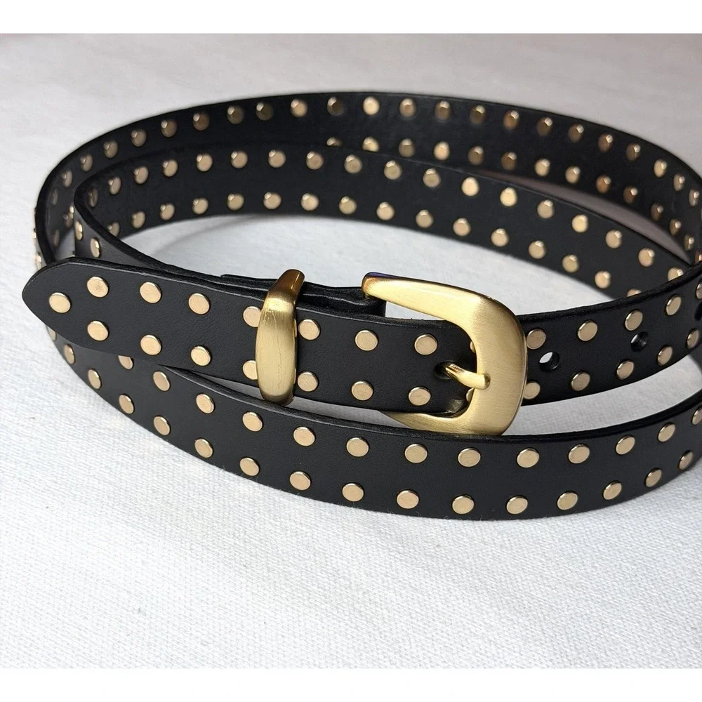 Madewell Flat Studded Western Belt Women's XL Black Leather Gold Buckle Boho
